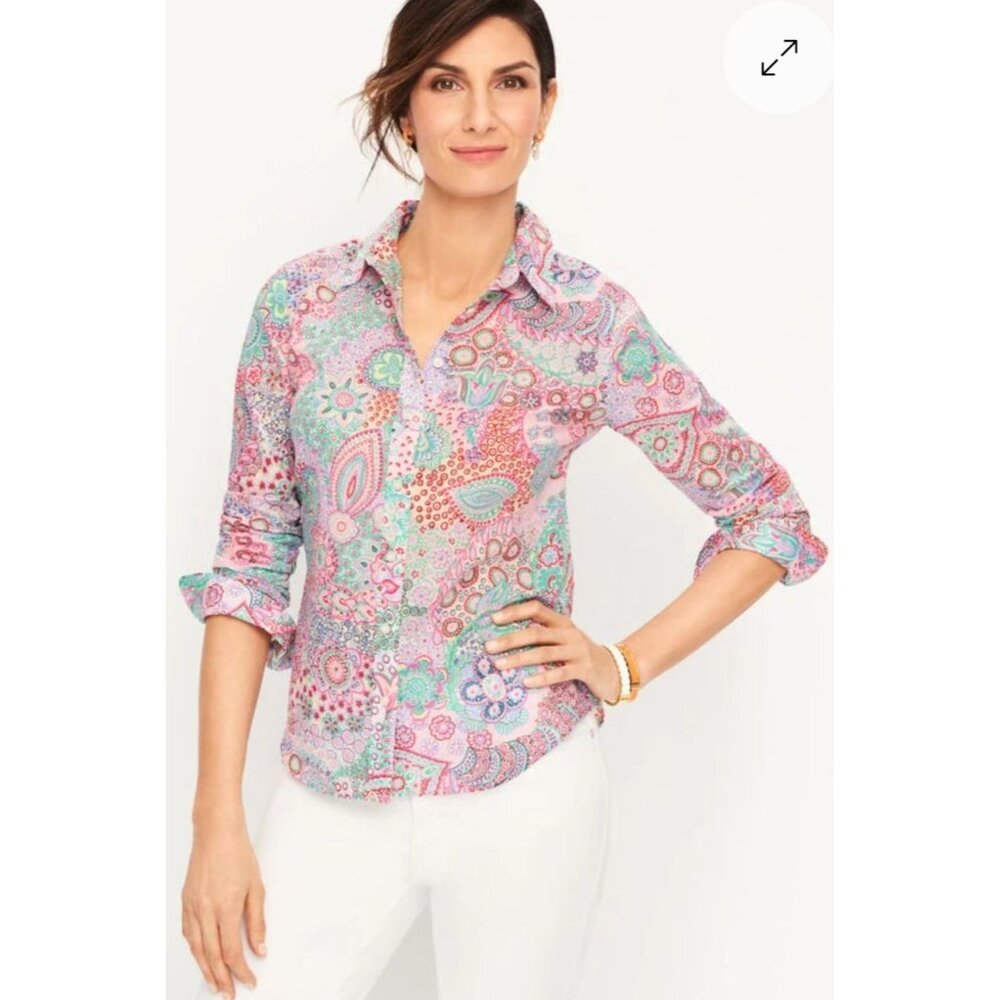 NEW Talbots Dreamy Paisley Print Classic Cotton Button Up Shirt Women's Size XS
